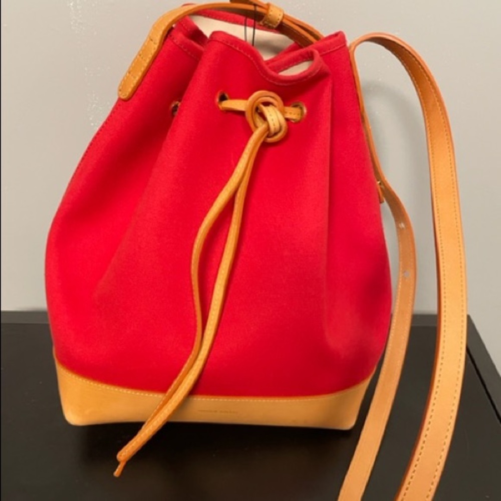 New without tags Mansur Gavriel red leather and canvas bucket bag